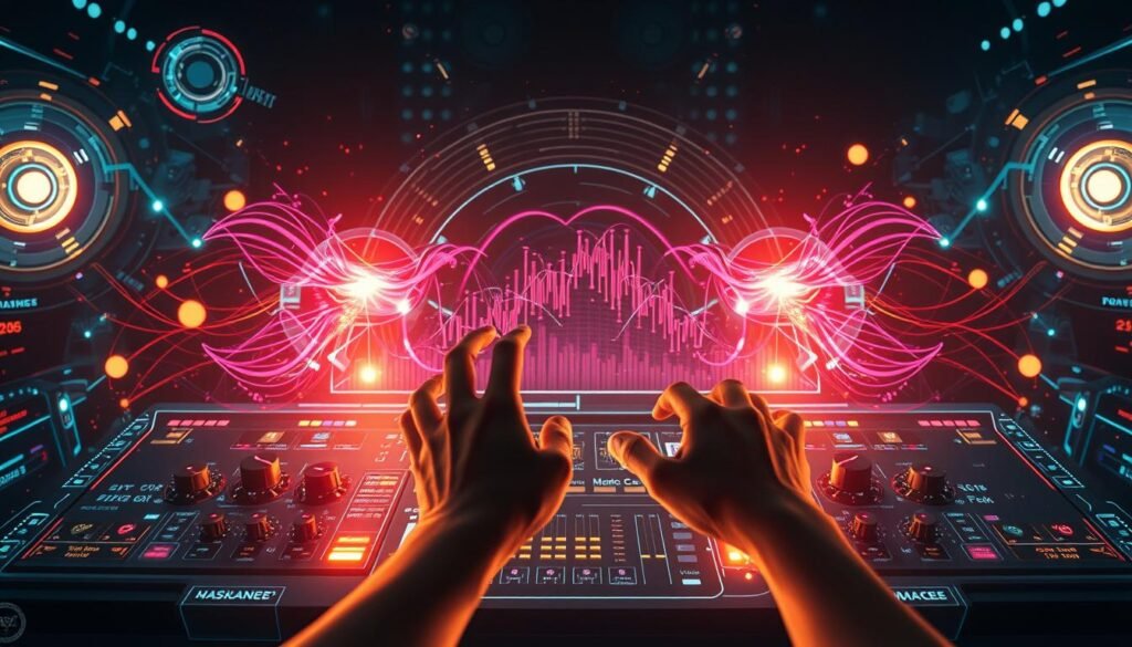 A complex musical interface with holographic visuals, surrounded by swirling data visualizations and abstract geometric shapes. In the foreground, a pair of hands manipulate virtual knobs and sliders, generating vibrant sound waves that ripple through the air. The background is bathed in a warm, ethereal glow, creating an immersive, futuristic atmosphere that evokes the power of artificial intelligence-driven music creation. Lighting is dramatic, with dramatic shadows and highlights accentuating the technological elements. The overall composition conveys a sense of wonder and innovation at the intersection of voice synthesis and AI-powered music production.