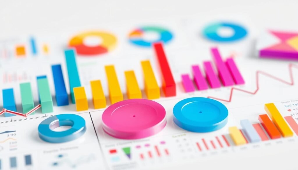 A detailed macro close-up shot of an array of colorful data visualization elements, such as bar graphs, pie charts, scatter plots, and line graphs, arranged in an organized and aesthetically pleasing layout against a clean, minimalist white background. The data elements should appear to be made of digital, futuristic materials with a subtle metallic or glassy finish, subtly reflecting the surrounding light. The overall composition should convey a sense of structure, clarity, and the importance of data-driven insights, perfectly illustrating the foundations and significance of data in machine learning.