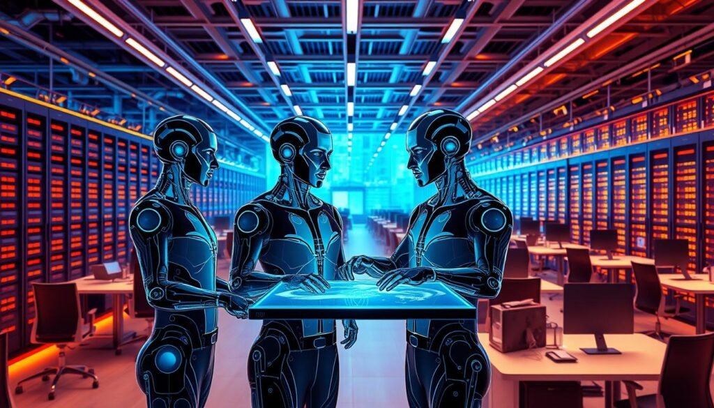A dynamic team of AI agents seamlessly integrated into a vibrant digital workspace. The foreground features three AI avatars, each with a unique visual identity, collaborating on a holographic interface. The middle ground showcases an open-concept office environment, filled with sleek ergonomic workstations and ambient lighting. In the background, a vast data center hums with the flow of information, symbolizing the powerful AI infrastructure that powers this intelligent workflow. The scene conveys a sense of efficiency, innovation, and the harmonious coexistence of human and artificial intelligence.