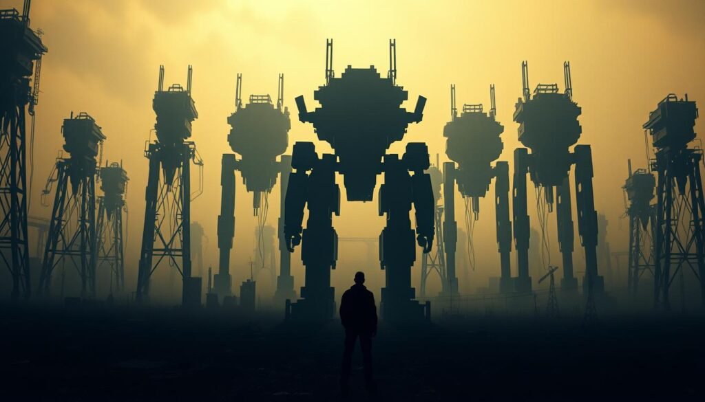 A dystopian landscape of automated machinery looming over a desolate cityscape, casting long shadows that symbolize the impending job losses caused by technological advancements. In the foreground, a lone figure stands helplessly, their silhouette a metaphor for the human cost of a rapidly evolving workforce. The scene is bathed in an eerie, muted color palette, evoking a sense of uncertainty and unease about the future of employment. Dramatic lighting accentuates the towering robotic structures, their rigid, angular forms a stark contrast to the vulnerable human presence. This cinematic, moody image captures the precarious nature of the risks associated with automation and job displacement.