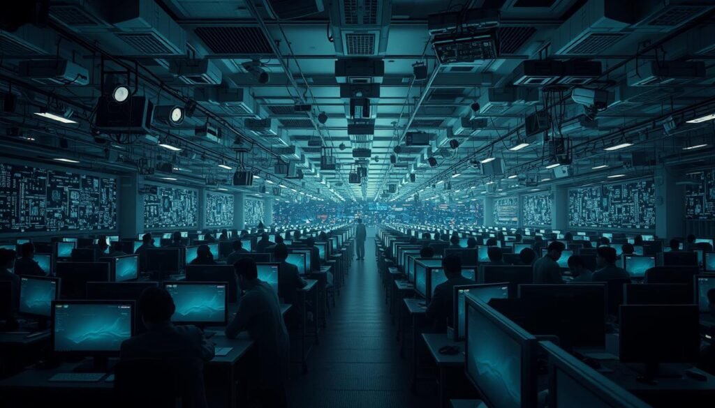 A dystopian office scene, with rows of anonymous workers hunched over their desks, their faces obscured by the glow of computer screens. In the background, a vast surveillance system of cameras, sensors, and data streams, monitoring their every move. The atmosphere is tense and oppressive, with harsh overhead lighting casting long, ominous shadows. The mood is one of dehumanization and control, as the digital landscape encroaches upon the personal space of the employees, blurring the line between work and private life. The composition emphasizes the scale and pervasiveness of the surveillance system, overshadowing the individual workers, who appear dwarfed and powerless against the relentless march of technology.