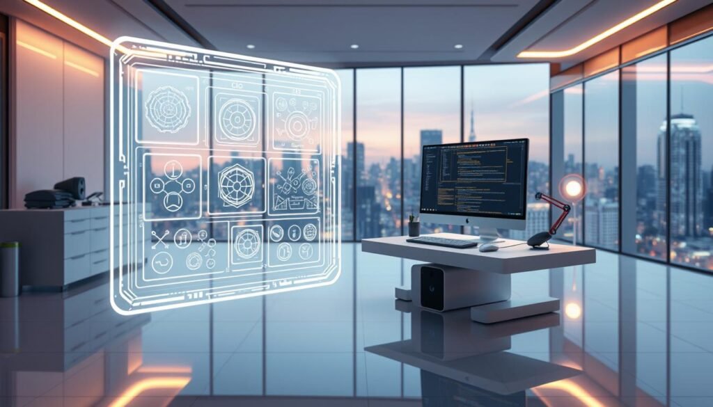 A futuristic and visually striking guide to the art of prompt engineering, showcasing a sleek and minimalist design. In the foreground, a floating holographic interface displays intricate details and diagrams, guiding users through the process of crafting effective prompts. The middle ground features a clean, streamlined desktop setup with a state-of-the-art computer and peripherals, conveying a sense of technological sophistication. The background depicts a modern, high-tech workspace with floor-to-ceiling windows overlooking a bustling city skyline, bathed in a warm, ambient lighting. The overall atmosphere is one of innovation, precision, and the seamless integration of human and artificial intelligence.