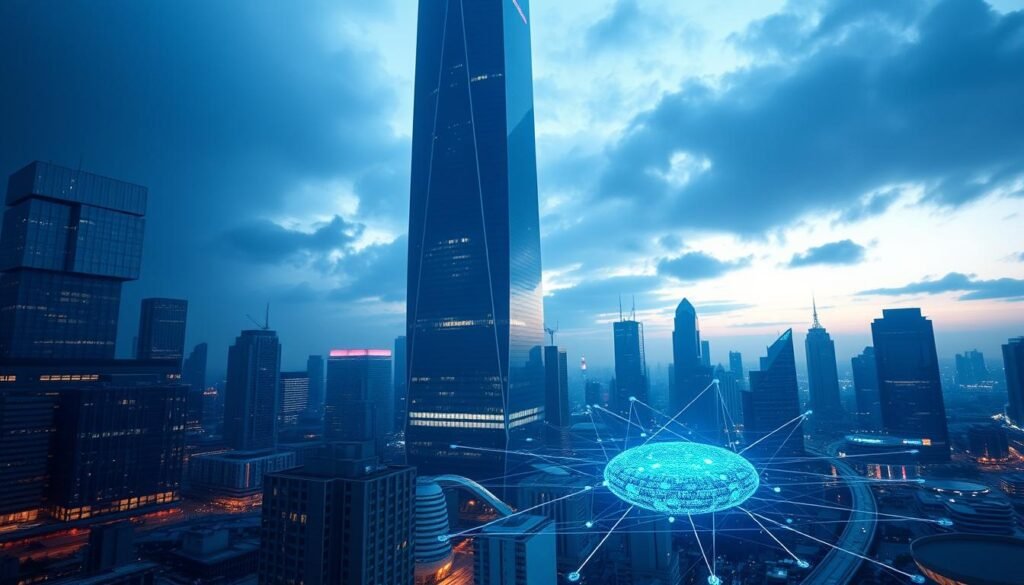 A looming digital tower, its sleek facade casting a long shadow over a bustling cityscape. Gleaming skyscrapers and glass-encased offices represent the concentrated power of the digital economy, where a few tech giants wield unprecedented influence. In the foreground, intricate data visualizations and holographic interfaces hint at the complex algorithms and data flows that underpin this digital dominance. The scene is bathed in a cool, blue-tinged light, creating a sense of detachment and unease, as if the viewer is observing the consolidation of power from a distance. The mood is one of growing concern over the ethical implications of this digital concentration, as the future of work and societal well-being hangs in the balance.