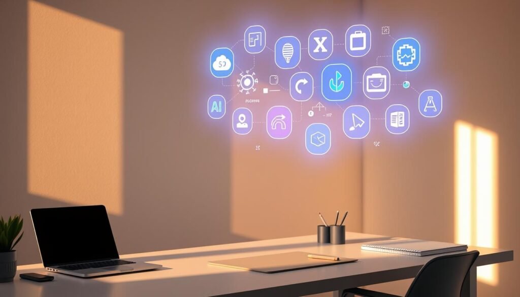 A serene and minimalistic office setting, bathed in warm, natural lighting. A sleek, uncluttered desk holds a modern laptop, alongside a few neatly arranged office supplies. Floating above the desk, a cluster of glowing, holographic icons and interface elements representing various AI-powered software tools. The icons are clean, modern, and inviting, hinting at the powerful capabilities of the 'free' and 'freemium' AI applications. The overall atmosphere is one of efficiency, innovation, and accessibility, reflecting the promise of these AI tools in the creative landscape.
