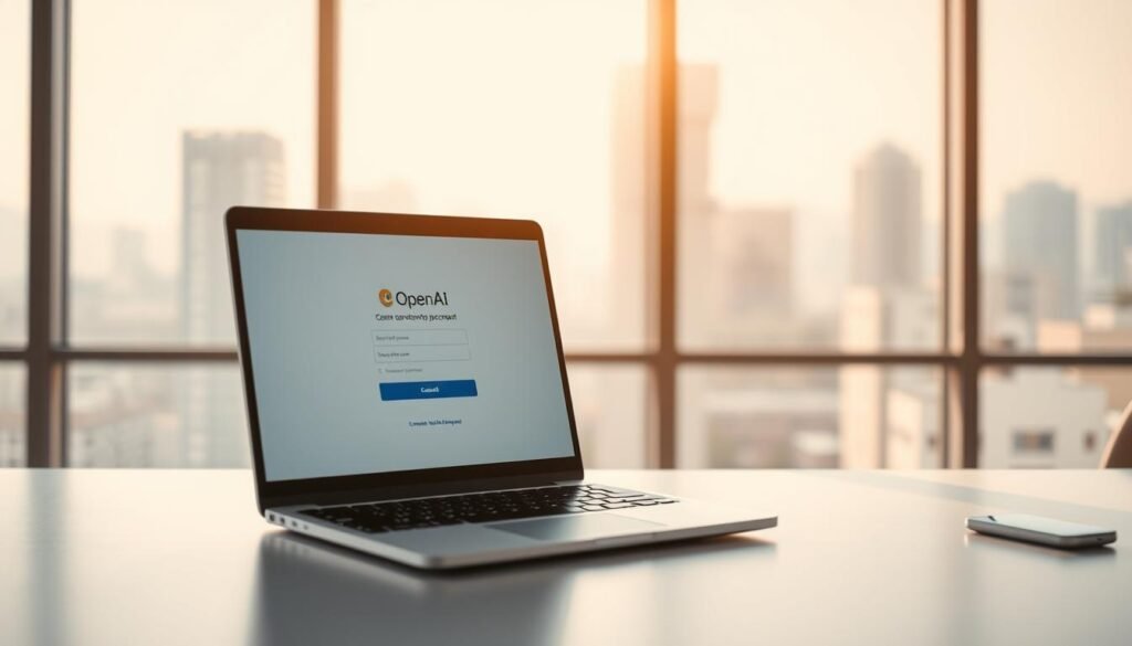 A serene, well-lit office workspace with a laptop on a clean, minimalist desk. The laptop screen displays the OpenAI account creation page, its interface clean and intuitive. The background features a softly blurred cityscape through a large window, conveying a sense of focus and productivity. Warm, natural lighting casts a gentle glow, creating a professional yet inviting atmosphere. The composition is balanced, drawing the viewer's attention to the laptop screen as the central point of interest.