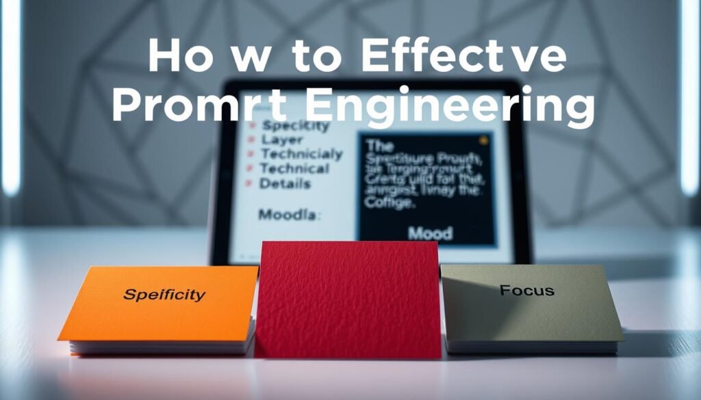 A sleek, minimalist composition highlighting the key elements of effective prompt engineering. In the foreground, a set of color-coded index cards showcase the core principles - specificity, layering, technical details, mood, and focus. The cards are illuminated by soft, directional lighting, casting subtle shadows and creating a sense of depth. In the middle ground, a digital tablet displays a clean, uncluttered interface, representing the digital tools used in prompt creation. The background features a blurred, abstract geometric pattern, suggestive of the creative process and the structured nature of prompts. The overall scene conveys a sense of order, professionalism, and the thoughtful, methodical approach to crafting effective prompts for image generation.