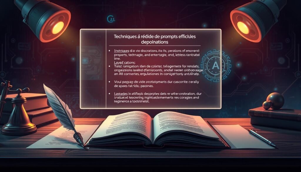 A sophisticated and visually compelling illustration of "Techniques de rédaction de prompts efficaces". The foreground depicts a writer's desk with a quill pen, parchment paper, and an open book. The middle ground showcases a holographic display projecting detailed instructions and guidelines for crafting effective prompts, with key elements like vivid descriptions, layered organization, technical details, and mood conveyance. The background features a backdrop of futuristic, AI-powered technology, symbolizing the convergence of human creativity and artificial intelligence. Lighting is dramatic, with a warm, ambient glow complemented by precise spotlights highlighting the key focal points. The overall scene conveys a sense of intellectual rigor, technical mastery, and the fusion of traditional and cutting-edge methods in the art of prompt engineering.