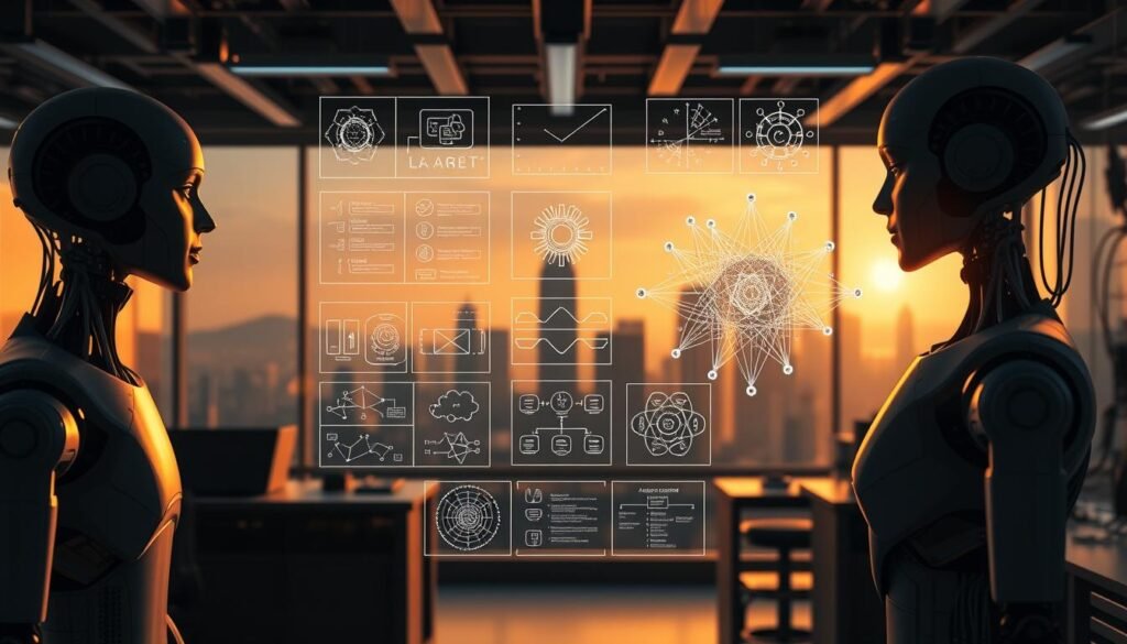 A sophisticated artificial intelligence laboratory, bathed in soft, warm lighting. In the foreground, various AI agent archetypes are depicted: a humanoid agent, a robotic agent, and an abstract agent represented by a neural network visualization. In the middle ground, diagrams and schematics illustrate the key functional capabilities of these agents, such as natural language processing, computer vision, and task automation. The background features a futuristic cityscape, hinting at the broad applications of these intelligent agents. The overall mood is one of technological innovation and the promise of AI-powered capabilities.