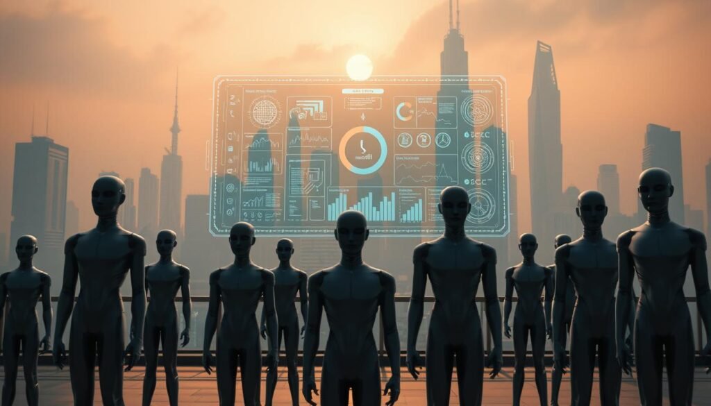 A surreal and futuristic scene depicting the orchestration of AI agents managing business processes. In the foreground, a group of sleek, faceless AI agents stand in formation, their bodies emitting a subtle glow. Behind them, a vast, holographic control panel with intricate data visualizations hovers in midair, showcasing the real-time monitoring and optimization of various workflows. The background features a dystopian cityscape with towering skyscrapers and a hazy, neon-tinged sky, conveying a sense of technological advancement and the transformative power of AI-driven process management. Cinematic lighting and a dramatic camera angle heighten the sense of scale and importance of the scene.