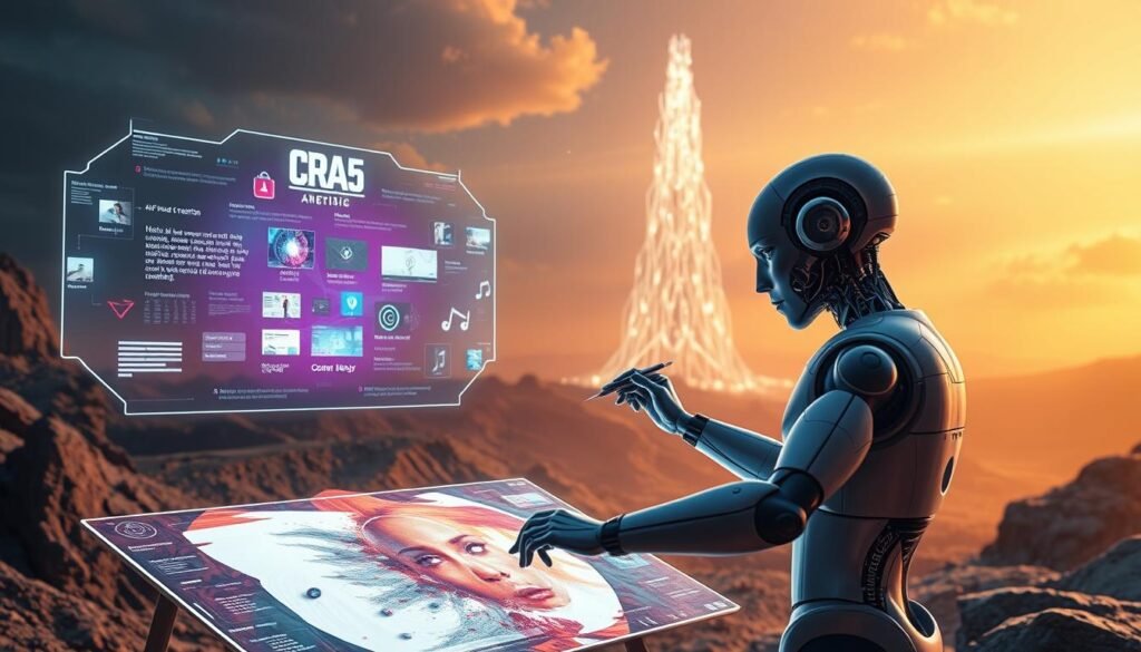 A surreal, cinematic landscape depicting the evolution of artificial intelligence in content creation by 2025. In the foreground, a futuristic humanoid AI artist crafts digital artwork with fluid, gestural brushstrokes. The middle ground showcases a vibrant, holographic interface displaying various media - text, images, video, and music - all generated by intelligent algorithms. In the background, a towering, glowing neural network structure rises, symbolizing the rapid advancements and expansive capabilities of AI in the creative realm. The scene is bathed in a warm, ethereal light, conveying a sense of wonder, innovation, and the limitless potential of human and machine collaboration.