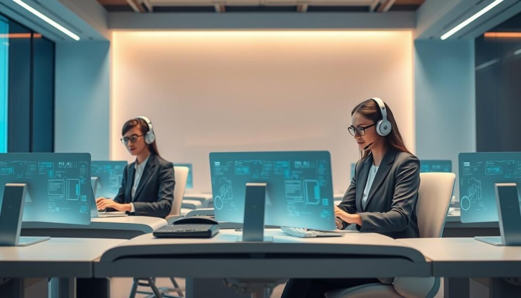 A team of AI customer service agents sitting at sleek, minimalist workstations, adorned with futuristic holographic interfaces. The agents, clad in professional attire, exude a calm and approachable demeanor as they assist customers through a seamless, high-tech interaction. The background features a softly lit, ultramodern office environment, with clean lines and muted colors creating a serene, efficient atmosphere. Subtle lighting from above casts a warm glow, highlighting the agents' focus and attentiveness. The overall scene conveys the integration of advanced AI technology with personalized, human-centric customer service.