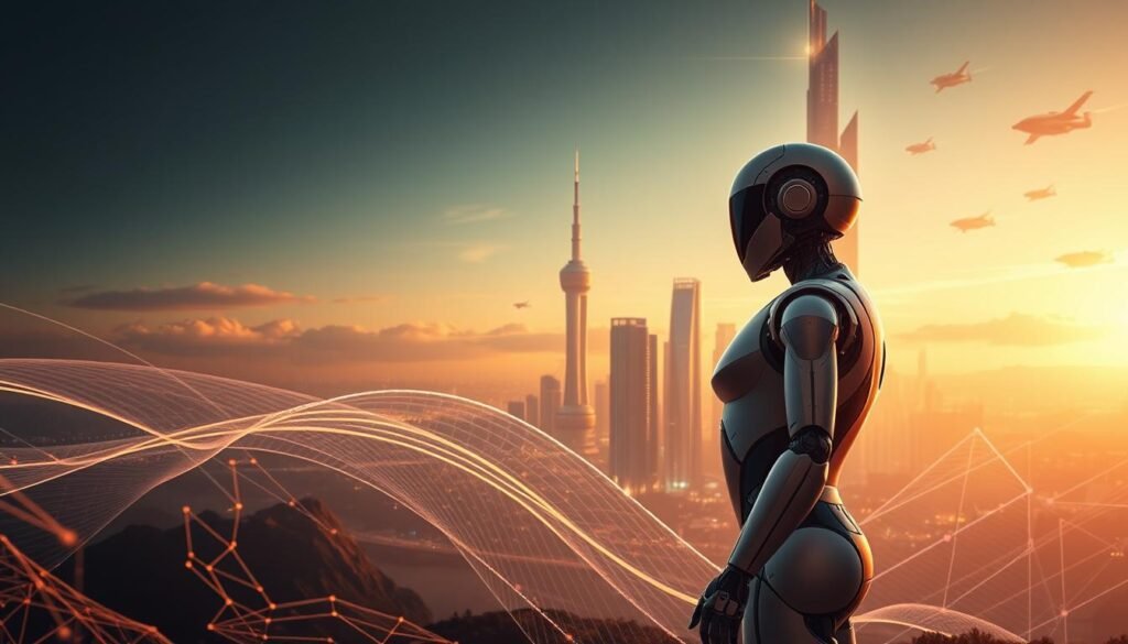 A visionary landscape showcasing the future of artificial intelligence. In the foreground, a sleek humanoid robot stands as a symbol of advanced automation. Flowing lines and geometric shapes in the middle ground suggest the complex neural networks and algorithms powering intelligent systems. In the background, a towering cityscape of gleaming towers and hovering vehicles evokes a futuristic, high-tech metropolis. Warm, ambient lighting illuminates the scene, creating an air of optimism and possibility. The overall composition conveys a sense of technological progress, innovation, and the boundless potential of AI to shape the world to come.