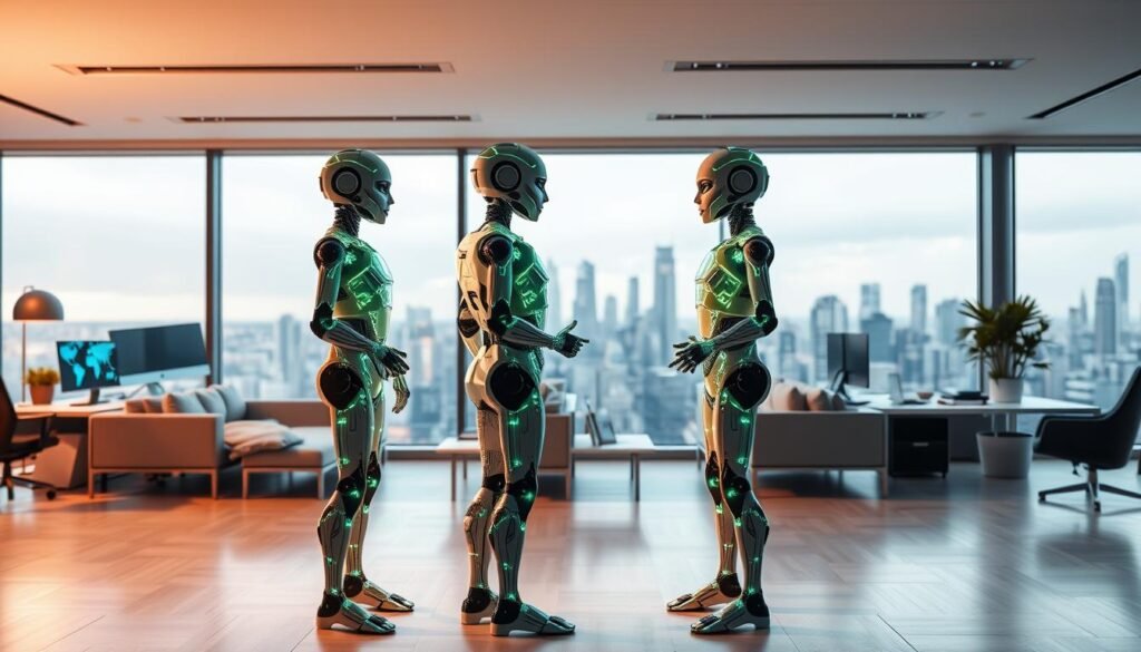A well-designed office workspace with sleek, minimalist furniture and modern decor. In the foreground, two AI agent figures stand together, their forms composed of glowing, interconnected circuits and nodes. They appear to be engaged in a productive, collaborative discussion, their body language suggesting a harmonious partnership. The middle ground features various automation tools and software interfaces, hinting at the powerful capabilities of these AI agents. The background showcases a panoramic cityscape, symbolizing the widespread integration of these intelligent systems into the modern business landscape. The overall scene conveys a sense of efficiency, synergy, and the tangible benefits of AI-driven automation.