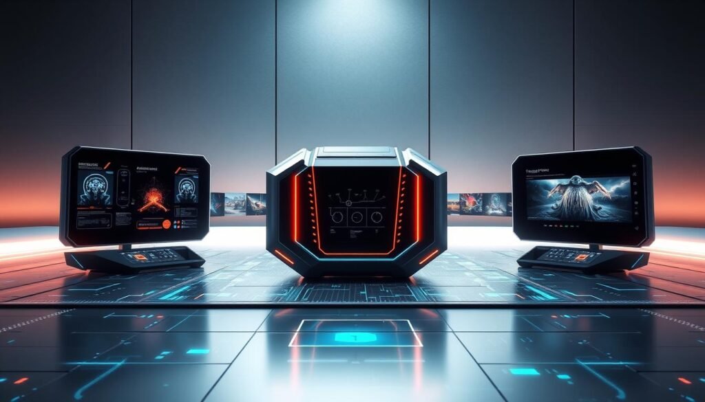 An advanced artificial intelligence image generator, with a sleek and modern design. The generator is depicted in the center, surrounded by a futuristic digital landscape. The foreground features holographic interfaces and glowing control panels, hinting at the powerful AI algorithms that power the device. The middle ground showcases various types of digital art and visuals, reflecting the generator's versatility. The background is a minimalist, metallic setting with subtle lighting effects, creating a high-tech, sci-fi atmosphere. The overall composition conveys the cutting-edge technology and creative potential of this AI-driven image creation tool.