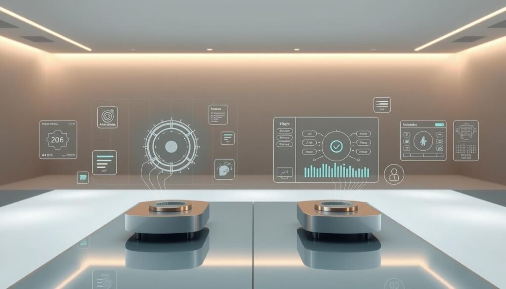 Comparatif outils automatisation: A side-by-side visualization of various AI-powered automation tools, showcased in a sleek, modern layout. The scene depicts a clean, minimalist workspace, with the tools presented as holographic interfaces, floating above a reflective glass surface. Soft, directional lighting highlights the intricate details and intuitive user experiences of each platform. The color palette is muted, with metallic accents, creating a professional and high-tech atmosphere. The composition emphasizes the comparison and contrast between the different automation solutions, inviting the viewer to explore their unique features and capabilities.