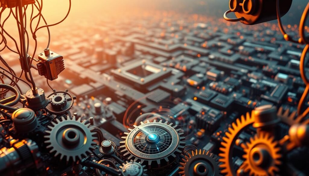 Prompt A detailed technical illustration showcasing the inner workings of an AI image generation system. In the foreground, intricate gears and circuits represent the neural network processing text inputs. The middle ground features a visual representation of the latent space, with abstract shapes and colors swirling dynamically. In the background, a vast expanse of data flows, representing the training corpus that powers the model. Warm lighting casts a soft glow, highlighting the precision and complexity of the system. The composition emphasizes the seamless integration of language and visuals, capturing the essence of "fonctionnement génération images IA" in a captivating, technically-accurate illustration.