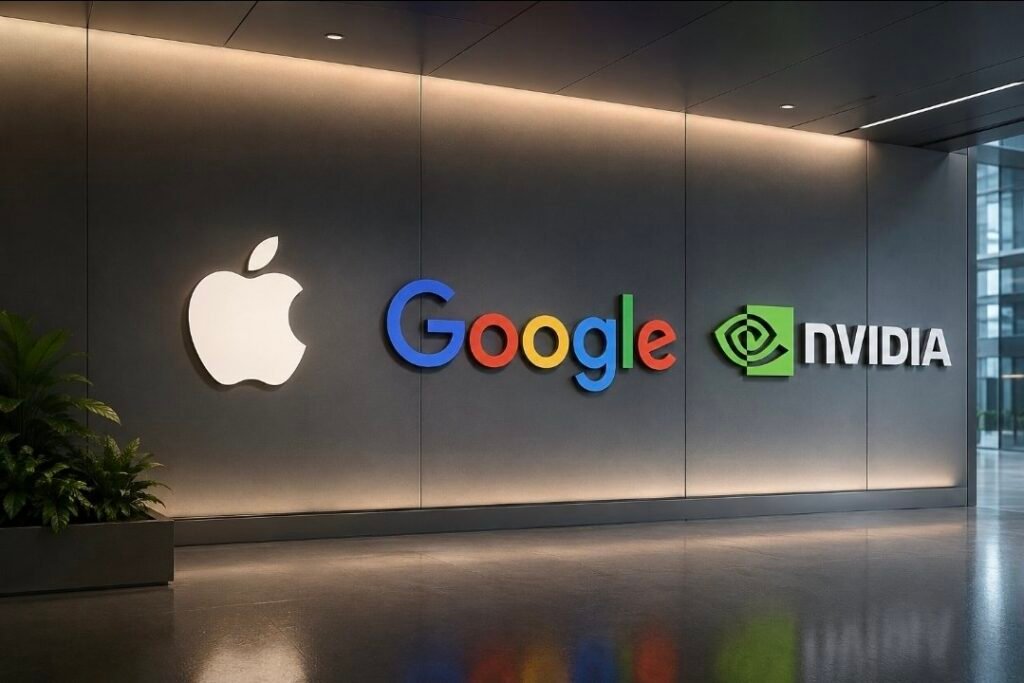 Infographie éditoriale moderne illustrant le flux de données de Siri vers Google Cloud, propulsé par des puces Nvidia Blackwell, avec des couches de confidential computing et de chiffrement de données.
