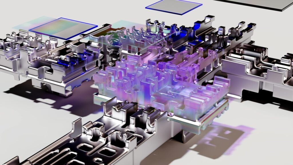 Représentation conceptuelle 3D de l'architecture hybride Transformer-Mamba du modèle d'intelligence artificielle open-weight Nvidia Nemotron 3 Ultra optimisé pour les serveurs d'entreprise.
