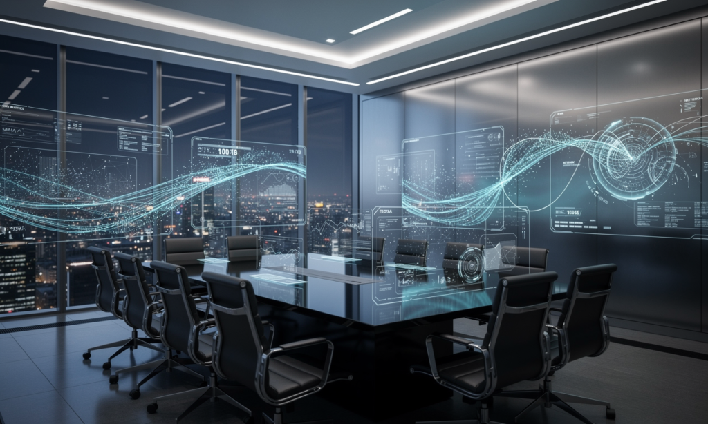 Bureau d'entreprise futuriste avec des interfaces holographiques de données IA, symbolisant la nouvelle entité Microsoft Frontier Company