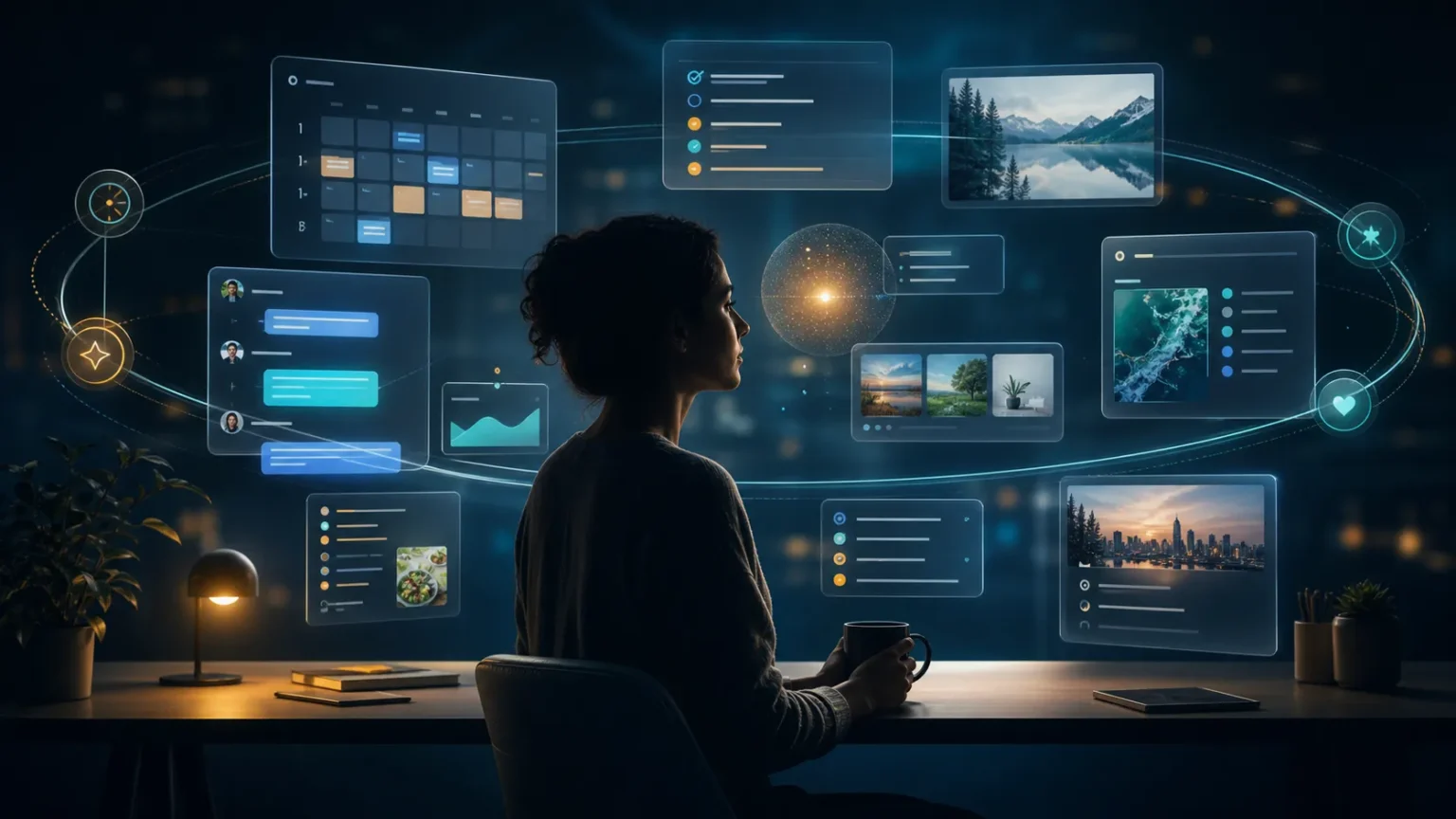 Illustration abstraite d'agents IA personnels coordonnant des tâches numériques dans un espace de travail connecté