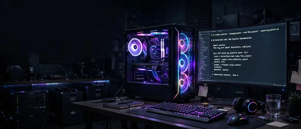 Comment faire tourner une IA de code en local sur son PC (Guide 2026) Bureau de développeur sombre avec PC gamer lumineux RGB et écran affichant du code généré par IA