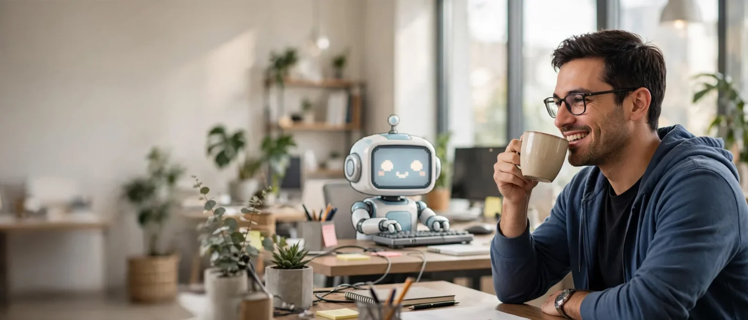 L’IA va-t-elle remplacer les développeurs en 2027 ? (La vérité sans filtre) Développeur humain souriant buvant un café pendant qu'un robot stylisé tape sur un clavier en arrière-plan, bureau moderne lumineux
