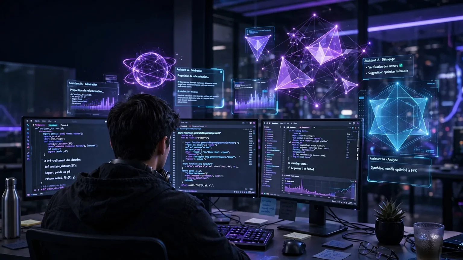 Développeur vu de dos face à trois écrans de code entouré d'interfaces holographiques d'assistants IA, ambiance cyberpunk élégante néons bleus violets