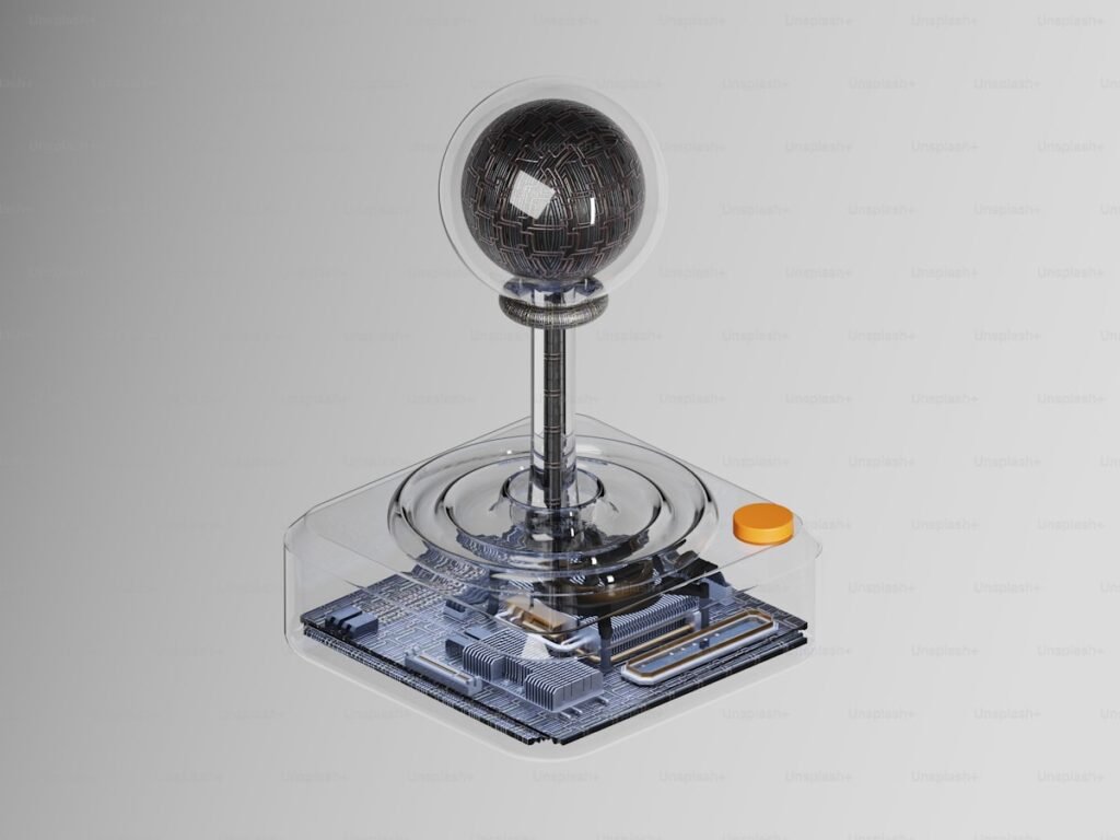 IA dans les Jeux Vidéo : La Révolution Technologique qui Change Tout Joystick futuriste transparent avec circuits internes visibles - IA et jeux vidéo