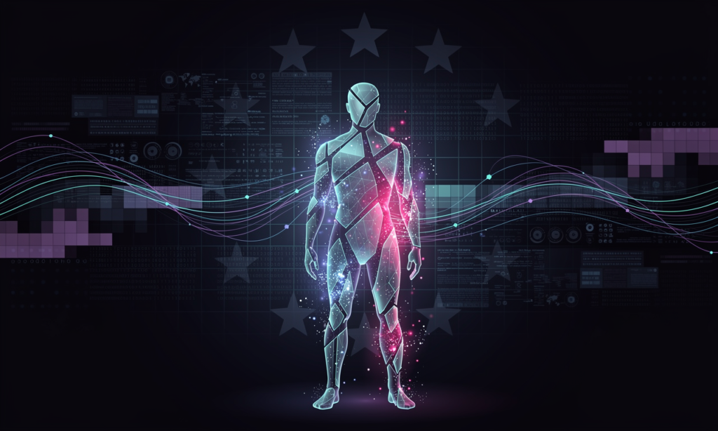 Silhouette humaine translucide face à une grille de données algorithmiques, illustrant le vide éthique des IA RH en Europe