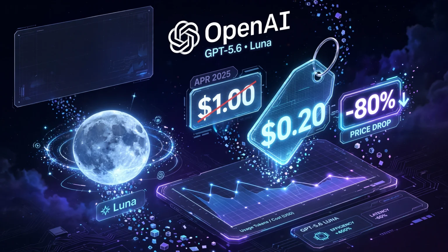Visualisation 3D isométrique de la baisse de prix de GPT-5.6 Luna d'OpenAI, étiquette 1$ barrée tombant à 0,20$ avec badge -80% et icône lune lumineuse