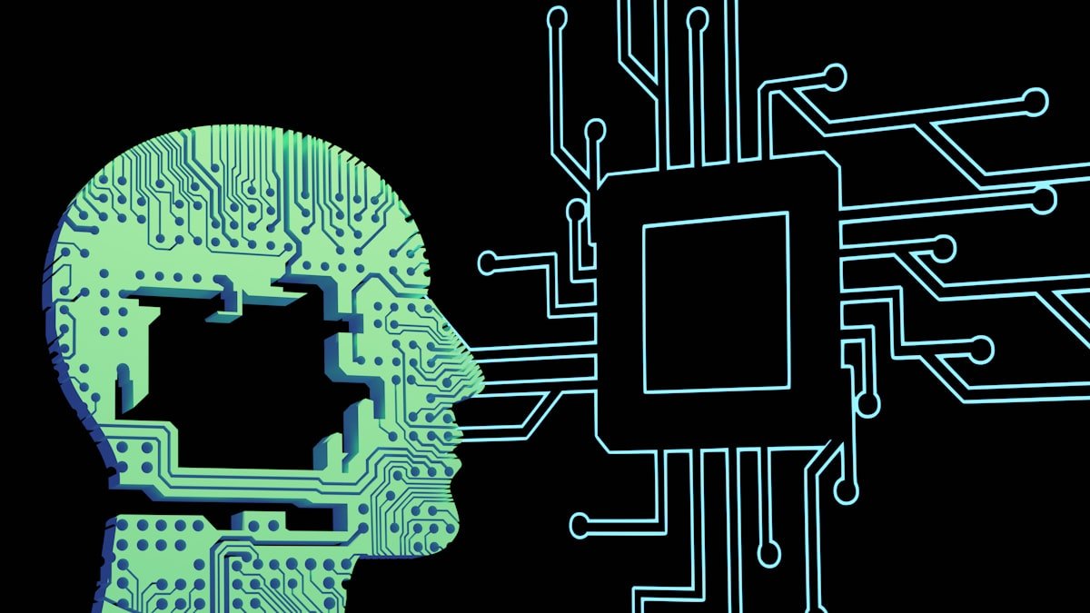 Tête humaine avec circuit imprimé illustrant la surveillance algorithmique et l'évaluation automatisée des employés par l'intelligence artificielle chez Meta