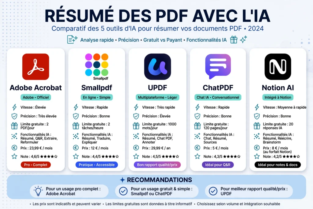 Infographie comparative des meilleurs outils IA pour résumer un PDF en 2026 : Adobe, Smallpdf, UPDF, Linnk