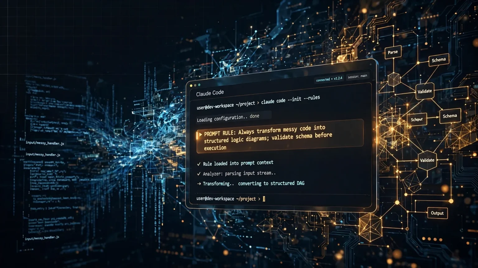 J’ai ajouté cette ligne à Claude Code : Voici pourquoi je ne reviendrai jamais en arrière Futuristic dark mode developer terminal showing Claude Code CLI with glowing amber prompt rule and abstract code to geometric logic conversion
