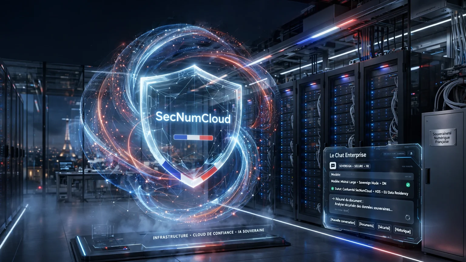 IA souveraine France : ce que Mistral change vraiment Data center souverain français qualifié SecNumCloud avec infrastructure Mistral AI Le Chat Enterprise - bouclier de protection juridique contre le Cloud Act
