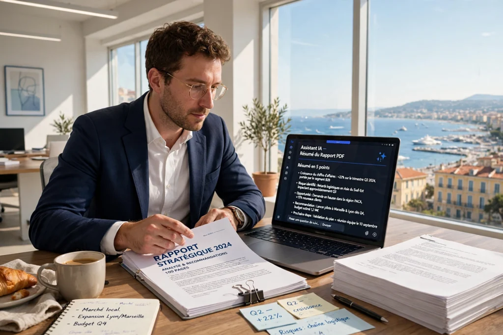Entrepreneur français résumant un rapport PDF de 100 pages en 2 minutes grâce à un outil IA
