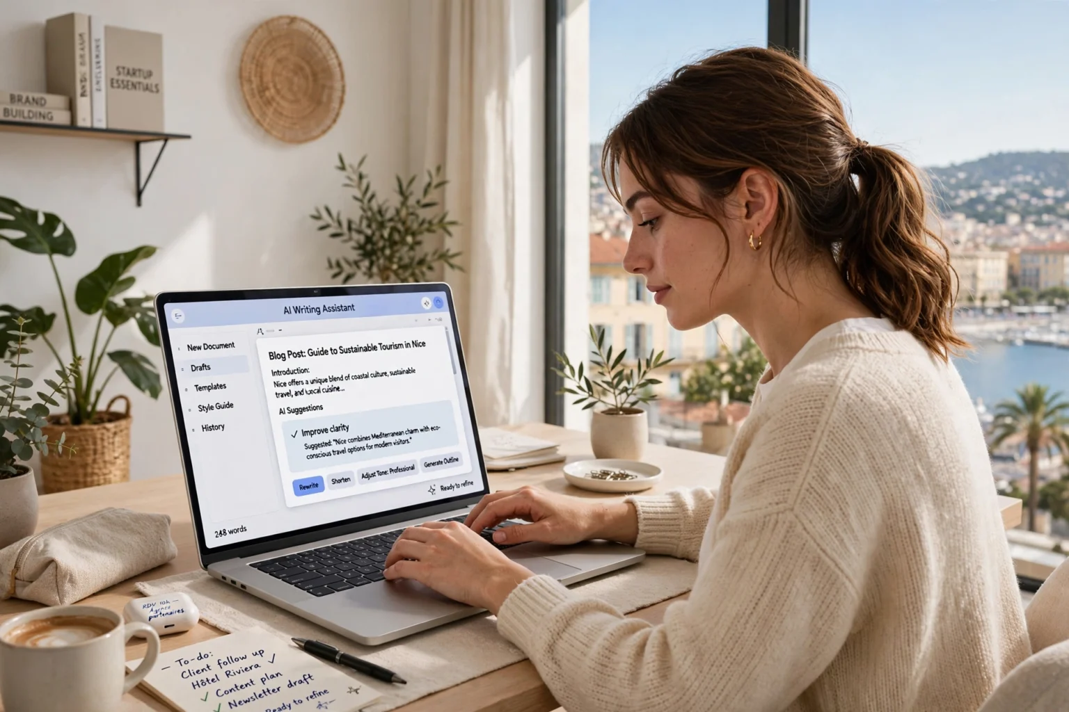 Entrepreneur français rédigeant du contenu SEO avec une alternative gratuite à Jasper AI depuis son bureau à Nice