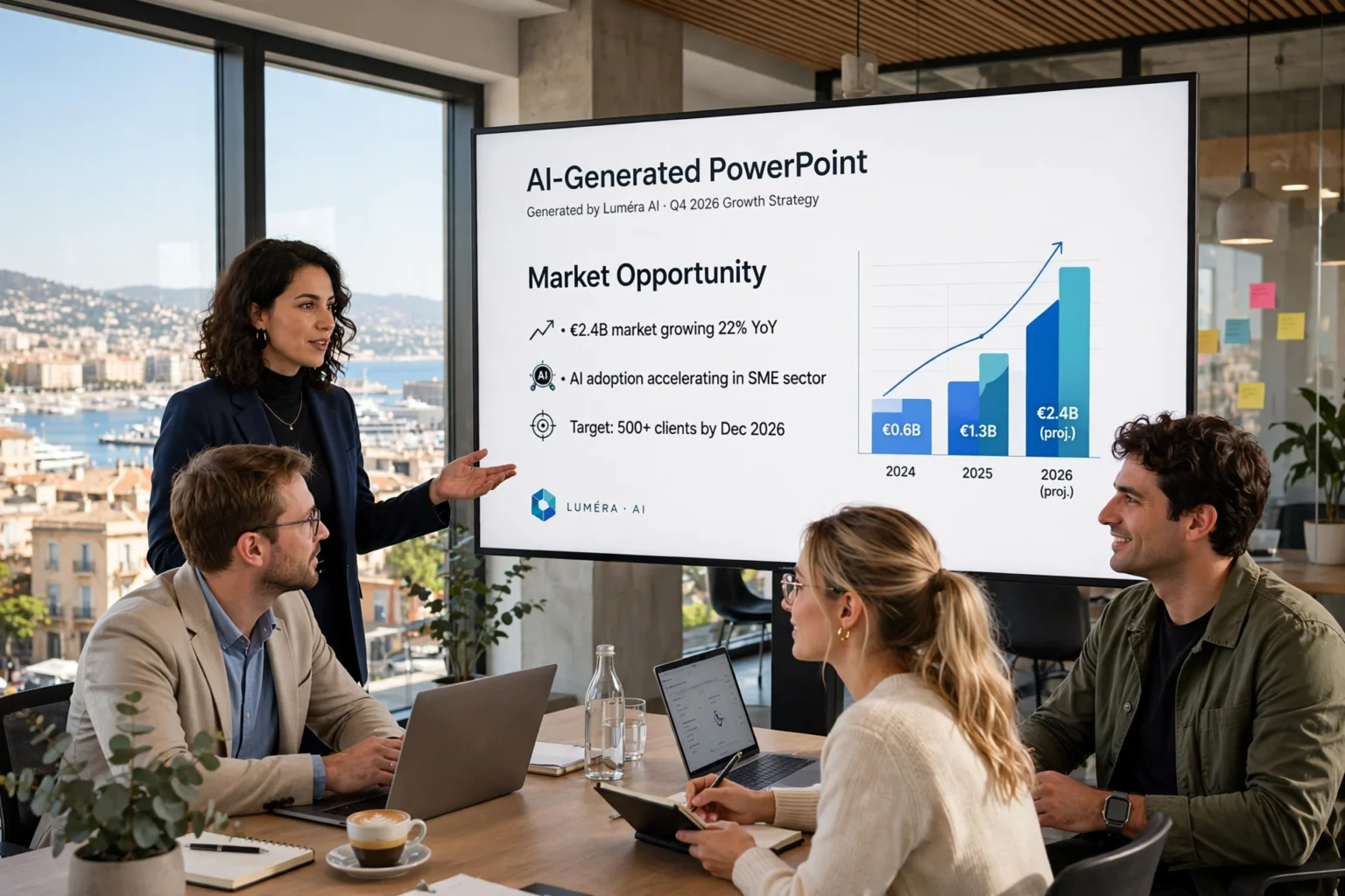 Équipe startup française présentant PowerPoint généré par IA en salle de réunion à Nice