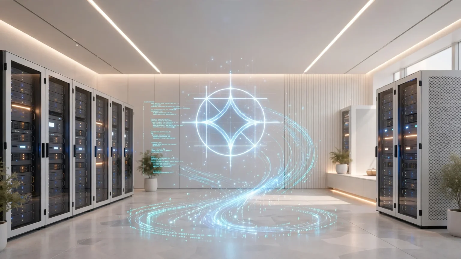 Google Gemma Open-Weight : L’Analyse Complète de la Révolution IA de Google Serveur moderne avec logo Google Gemma holographique lumineux et streams de code flottants, esthétique clean tech premium