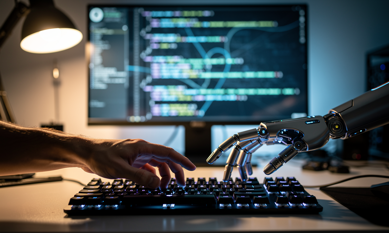 L'IA va-t-elle remplacer les développeurs en 2027 ? (La vérité sans filtre) 1 Main humaine et main robotisée sur un clavier, l'IA augmente le développeur plutôt que de remplacer les développeurs