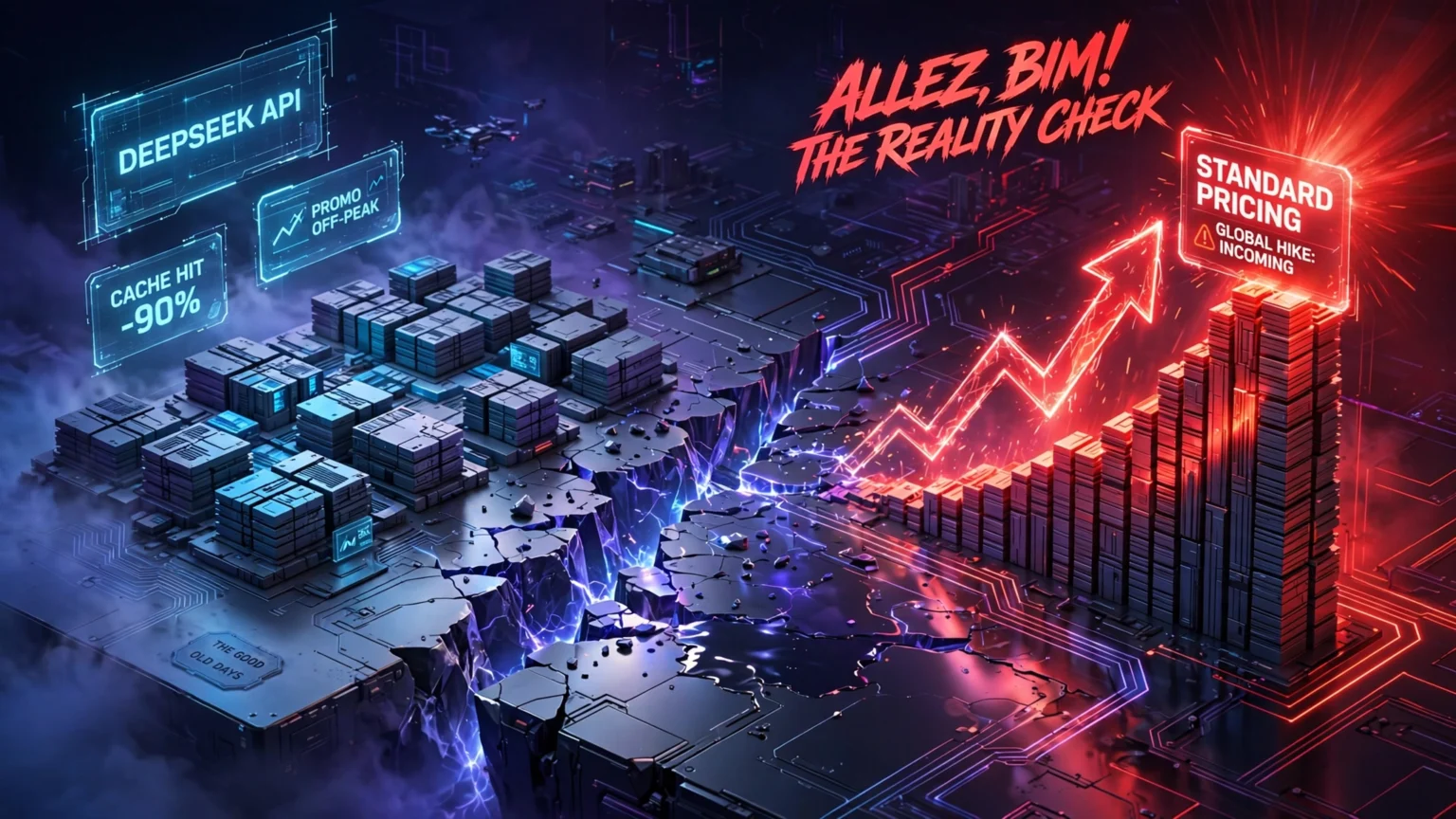 DeepSeek : Augmentation tarif DeepSeek et fin des promotions API Infographie isométrique 3D de l'infrastructure API DeepSeek montrant la hausse de prix, passage du tarif promo off-peak cache hit au standard pricing avec flèche rouge