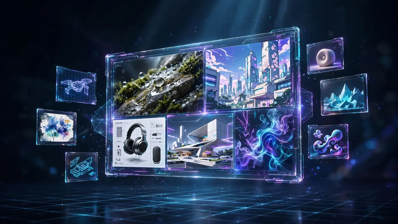 Comparatif meilleur générateur d'image IA 2026 - interfaces holographiques présentant Nano Banana 2, GPT Image 2, Midjourney V7, Flux 2 et Adobe Firefly