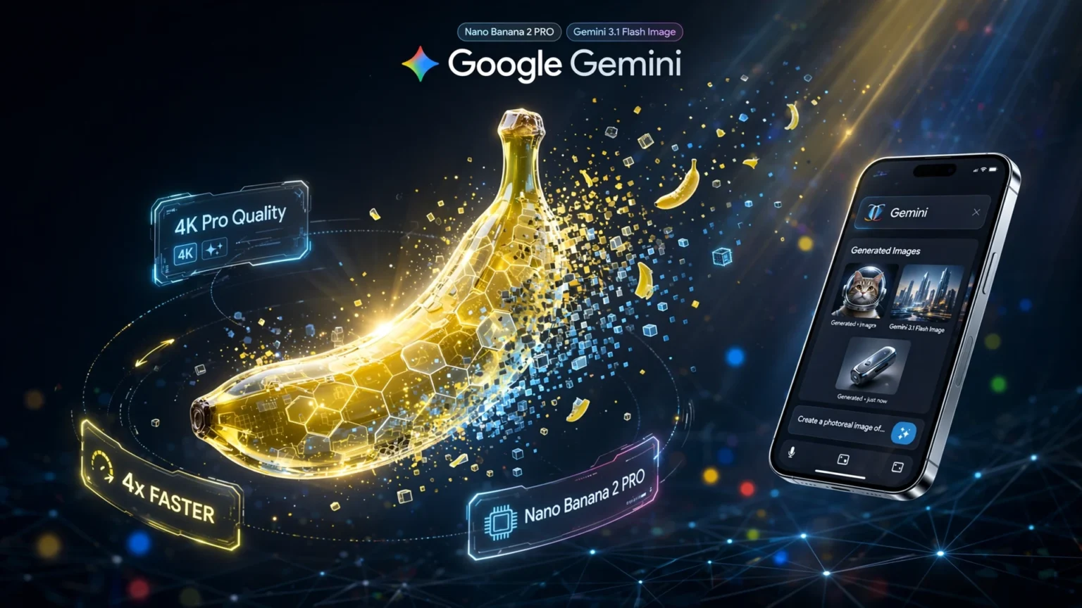 Nano Banana 2 : Google muscle la génération d’images dans Gemini Google Nano Banana 2 Gemini 3.1 Flash Image génération 4K ultra rapide 4x plus vite qualité Pro dans l'app Gemini