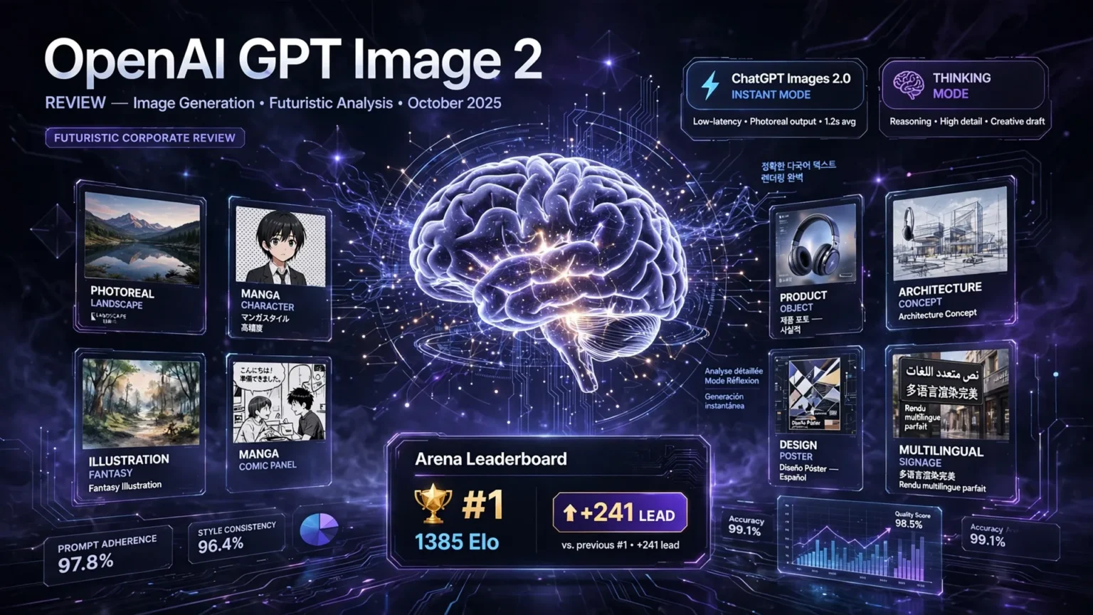 Review OpenAI GPT Image 2 ChatGPT Images 2.0 mode thinking cerveau central 8 images cohérentes classé numéro 1 Arena avec 1385 Elo