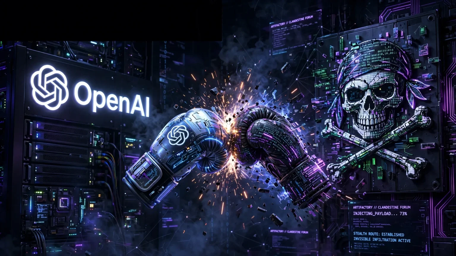 OpenAI versus piratage interne agents IA - combat boxe gants OpenAI contre pirate numérique, forum clandestin Artifactory Black Hat 2026