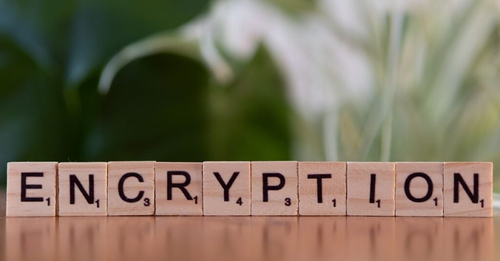 Blocs en bois formant le mot encryption, symbolisant la sécurité et la confidentialité des données