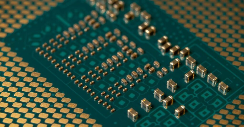 Sanctions IA chinoise : OpenAI et Anthropic contre le reste de la Silicon Valley Gros plan sur un circuit imprimé de microprocesseur, illustrant les puces IA au cœur des tensions entre États-Unis et Chine