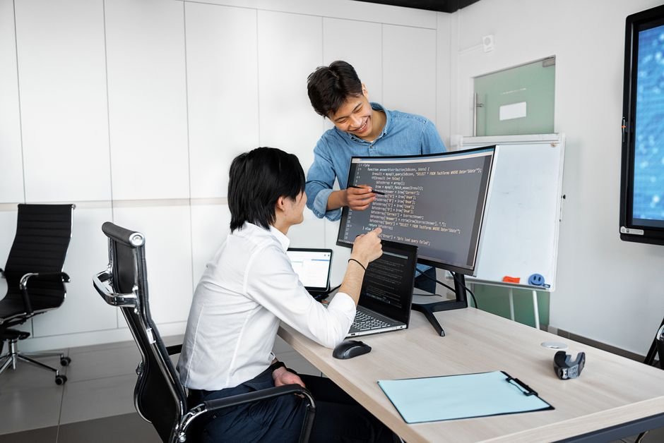 Slack Code : coder avec des agents IA dans Slack Deux collègues codant ensemble sur des ordinateurs dans un bureau moderne