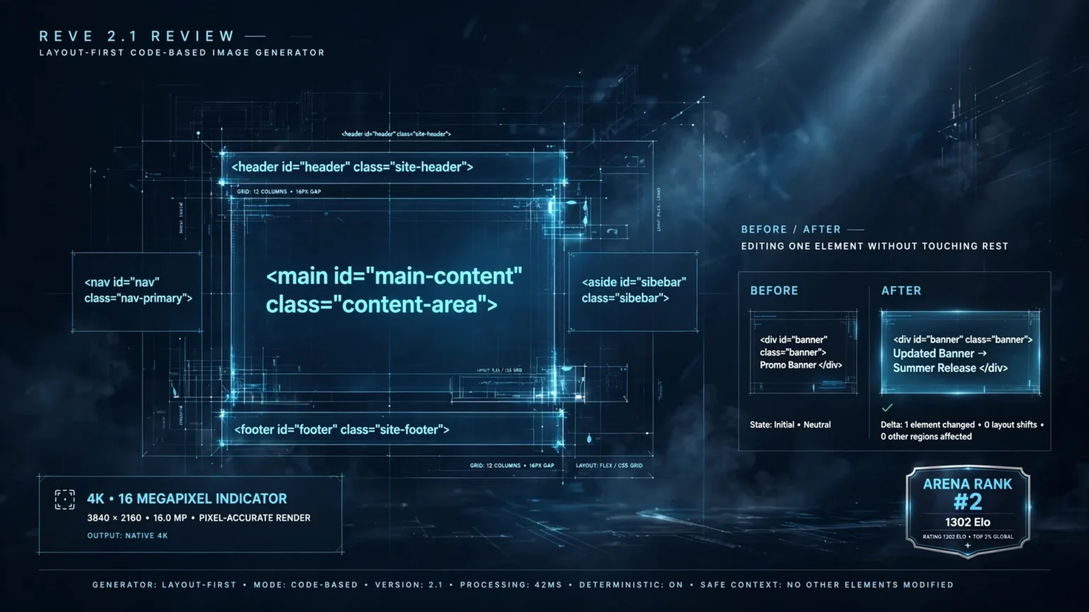 Review Reve 2.1 générateur image IA layout-first code-based 4K 16 mégapixels édition chirurgicale par région classé numéro 2 Arena 1302 Elo