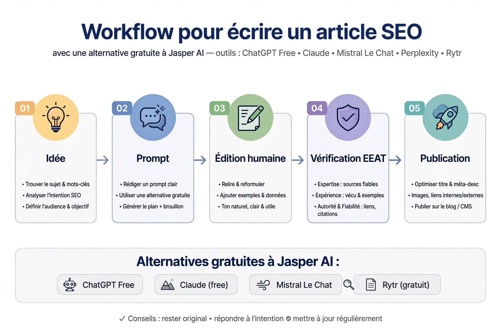 Infographie du workflow en 5 étapes pour rédiger un article SEO indétectable sans Jasper AI