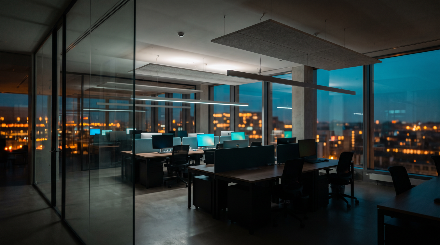 ChatGPT Space : open space de bureaux vides aux écrans allumés au crépuscule